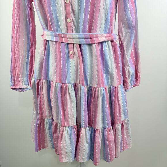 J Crew Veda Pastel Stripe Metallic Thread 100% Cotton Belted Dress Small Pockets - Picture 4 of 13